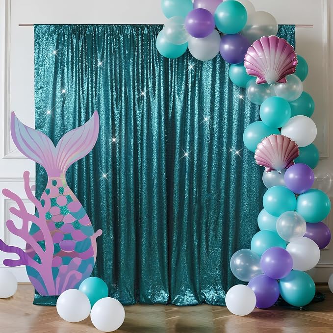 SquarePie 6x6ft Teal Sequin Backdrop for Photography, Satin-Backed Real Sequin Curtain, Enhanced Coverage Shimmering Background with 4" Rod Pocket for Wedding, Birthday, Party Decor, 1 Panel