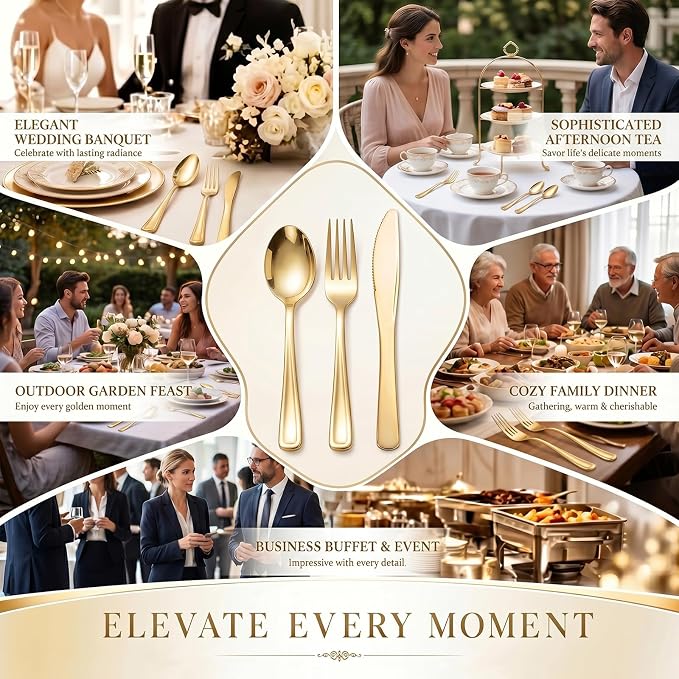 WDF 160 Piece Gold Plastic Silverware - Heavy Duty Gold Silverware Includes 80 Forks, 40 Spoons, 40 Knives, Plastic Utensils Perfect for Wedding, Christmas Party