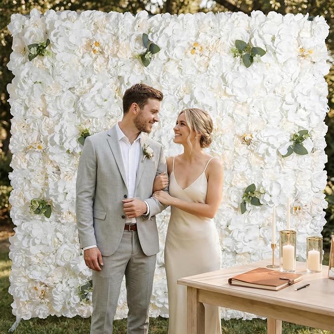 3D Flower Wall Backdrop - 6Pcs 16×24 Inch Artificial Rose Panels White Silk Floral Decor for Home Party Wedding Anniversary Birthday Photographic Studio Background & Decorative Fences
