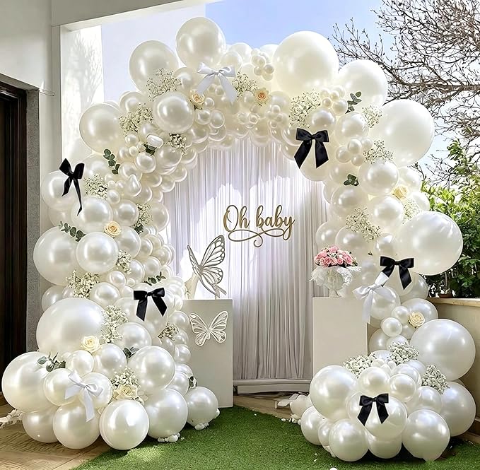 Pearl White Balloon Arch Kit,Double Stuffed White Pearl Balloon Garland Different Sizes 5/12/18 Inch with Black and White Bow for Baby Shower Baptism Wedding Birthday Engagement Party Decoration