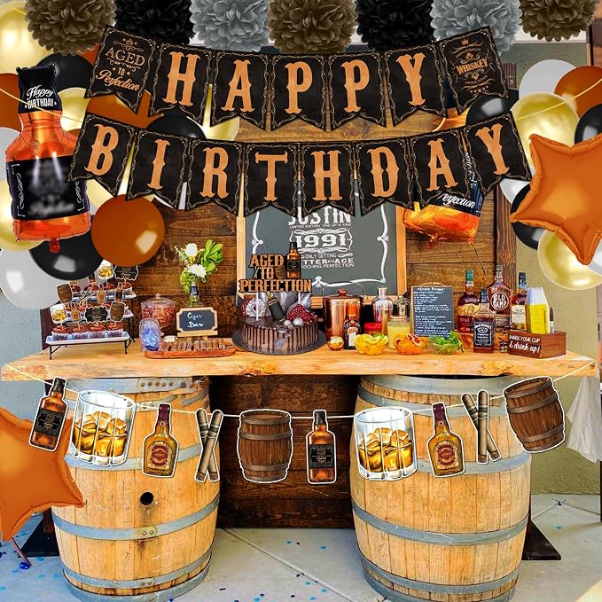 BORAMDO Whiskey Birthday Party Decorations for Men - Aged to Perfection Supplies including Birthday Banner, Cake Toppers, Foil Balloons, Tissue Paper Flowers (brown)