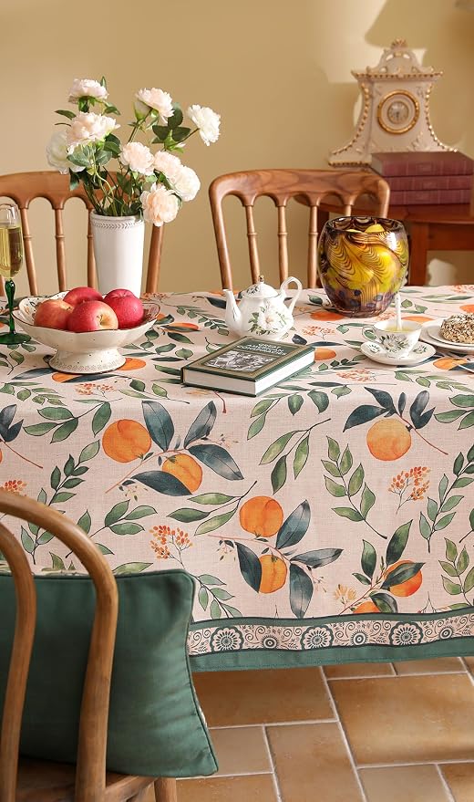 patdrea Designer French Linen Tablecloth,Rectangular,102"x63"-Palladin A | Colorful Elegant Large Table Cloth for Rectangle Table,Orange Floral Patterned,for Dining Room Tea Party Thanksgiving