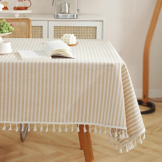 meioro Table Cloth Beige Striped Tablecloth Tassels Cotton Linen Dust-Proof Table Cover for Dining Coffee Buffet Kitchen Picnic Tables, Parties Indoor Outdoor Square Tablecloths (36x36 Inch)