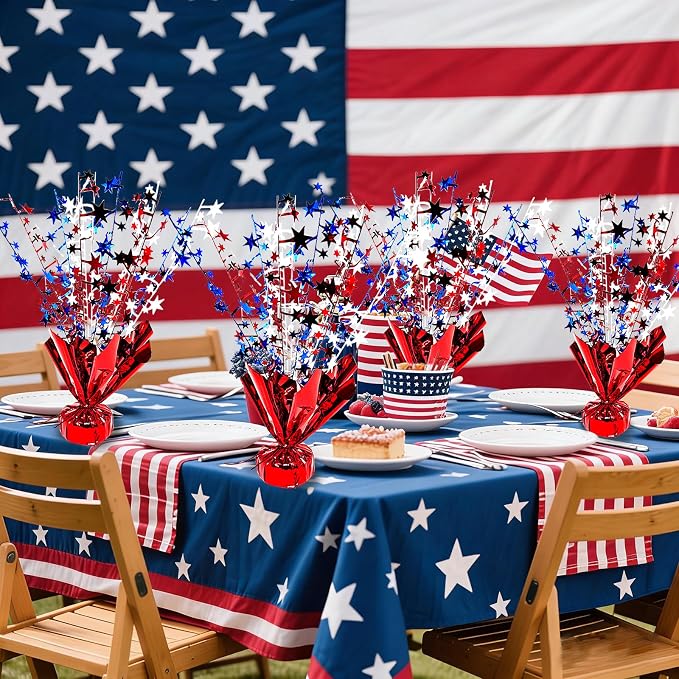 FUBININA 6 Pack 4th of July Table Centerpiece Decoration Metallic Foil Spray Star Burst Patriotic Decor 250th Anniversary Independence Day Labor Veteran Memorial Day Party Supplies, Red White and Blue