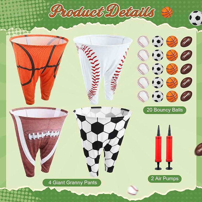 26 Pcs Granny Pants Outdoor Game Set, 4 Giant Pants with 20 Bouncy Balls & 2 Pumps Yard Funny Toss Relay Backyard Game for Adults Family Beach Party Favor