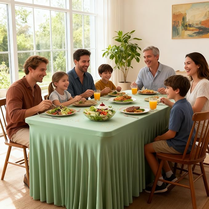 Wish Care 6 Pack Sage Green Spandex Table Clothes for 8 Foot Rectangle Tables, 8FT Wrinkle Free Fitted Tablecloths Ruffles Design Table Cloth for Party, Banquet, Wedding and Events