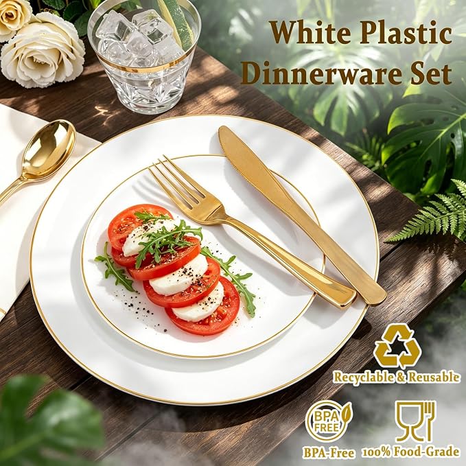Festiva 350Pcs Gold Plastic Plates - White and Gold Dinnerware Set Disposable include 10" & 7" Plates,Cups,Silverware,Napkins -serve 50 Guests Perfect for Wedding& Easter&Birthday Party