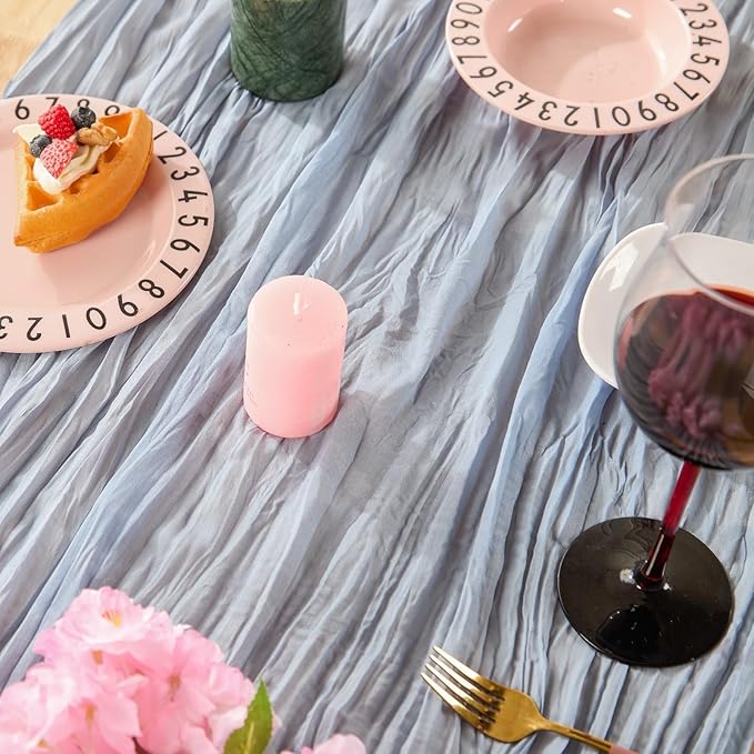 Dusty Blue Spring Table Runner Boho Cheesecloth Table Runner 120 inches Crinkled Gauze Sheer Mother's Day Table Centerpieces for Wedding Ceremony Anniversary Bridal Baby Shower Banquet