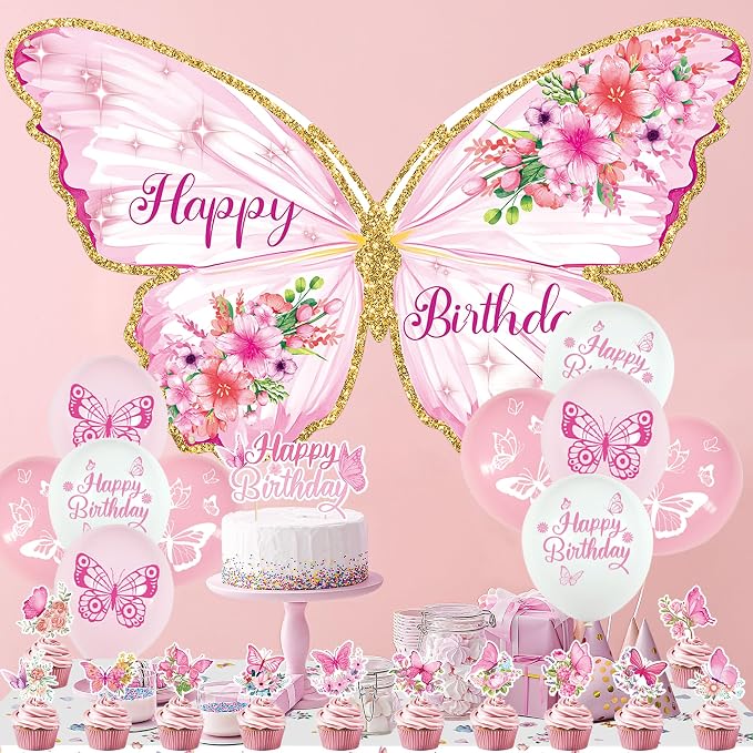Roetyce Butterfly Birthday Decorations Girls, Pink Happy Birthday Banner Backdrop Balloons Hanging Swirls Cake Topper Kit for Home Party, Women Butterfly Themed Party Suppiles Photo Background