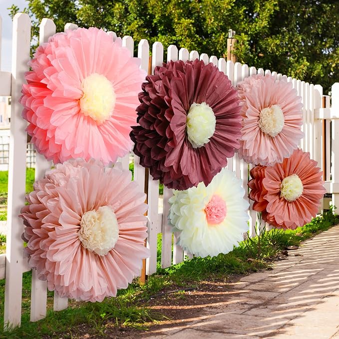 Giegxin 6 Pcs 31.5", 24" Pink Giant Paper Flower Boho Large Tissue Paper Flower for Wall Big Pink Pom Pom Floral Decorations for Wedding Bridal Shower Tea Party Baby Shower Classroom Birthday Decor