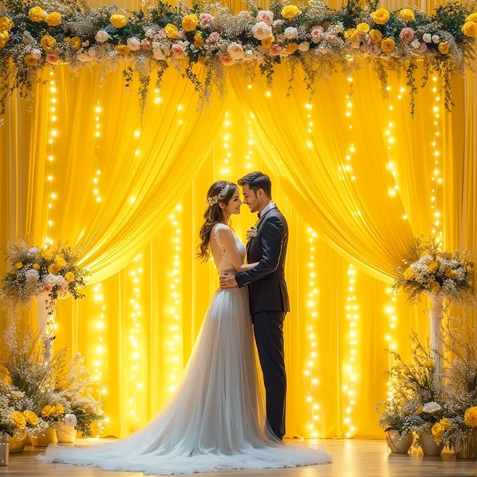 20x10FT Yellow Backdrop Curtains with Lights for Parties,Wrinkle Free Wedding Photo Backdrop Curtains for Baby Shower Birthday Ceremony Reception Home Party Decorations-5ft x 10ft,4 Panels