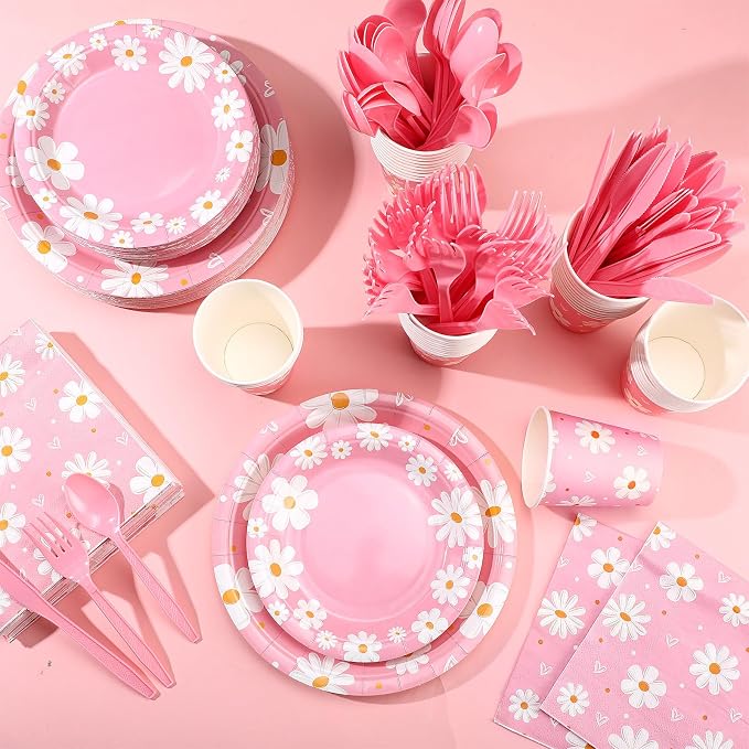 Ziliny 350 Pcs Daisy Party Supplies Tableware Set Disposable 9'' 7'' Paper Plates 9 oz Cups Cutlery Napkins Dinnerware Set for 1st Birthday, Serve 50 (Daisy Birthday, White, Pink)