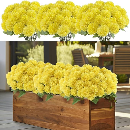 12 Bundle Artificial Mums Flowers for Outdoor Spring Decoration,Faux Ball Chrysanthemums Bouquet Fake Silk Flower for Vase Easter Table Floral Arrangement Wedding Home Decor(12, Light Yellow)