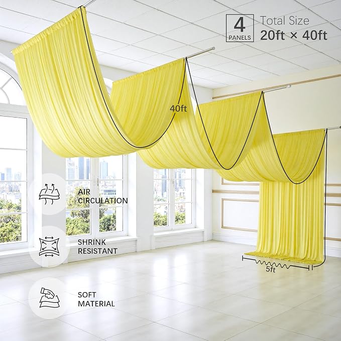 20ftx40ft Light Yellow Ceiling Curtain for Wedding Parties – 4 Panels Wrinkle-Free 40 FT Long Tent Draping Curtains for Wedding, Birthday & Theme Parties, 40ft Height with Rod Pocket