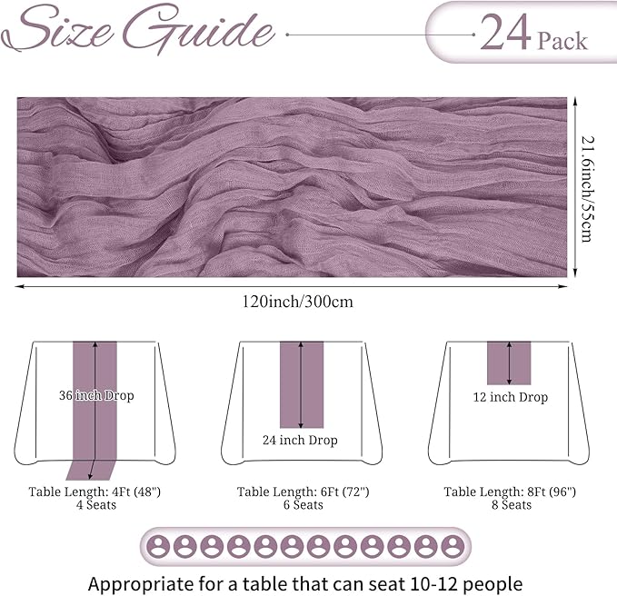 24 Pack Purple Cheesecloth Table Runner 10FT Boho Gauze Cheese Cloth Table Runner Rustic Sheer Fabric Table Runners for Wedding Bridal Shower Baby Shower Party(21.5×120 Inch)