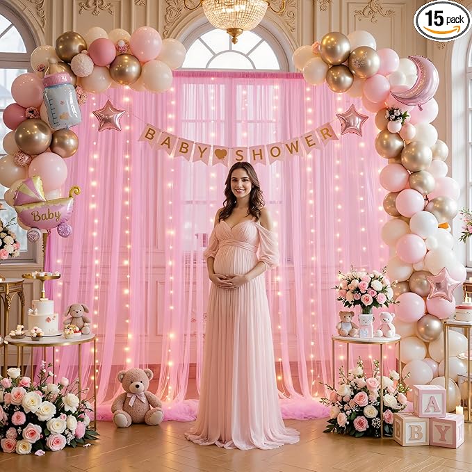 10ft×15ft Pink Tulle Backdrop Curtains with Lights String for Parites Pink Sheer Backdrop Curtains for Baby Shower Girls Birthday Party Wedding Bridal Shower Photo Shoot Background 2 Panels 5×15ft