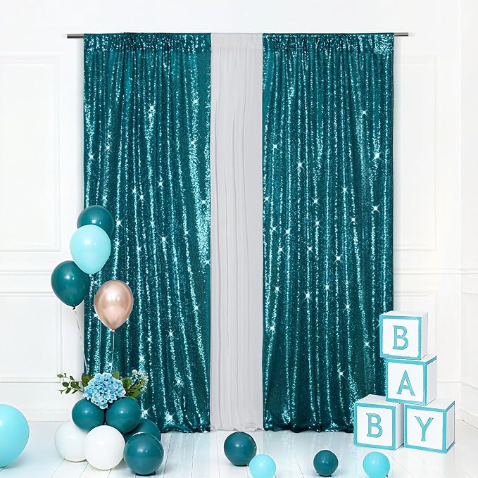 Eternal Beauty Sequin Backdrop Curtains, 2x8 Ft-2 Panels Teal Back Drop for Shimmer Photography Party Wedding Birthday Decor