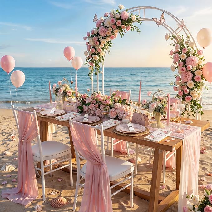 KIRE 175PCS Pink Plates Disposable - Heavy Duty Pink and Gold Plastic Plates Dinnerware Sets - 25 for Dinner 25 for Dessert 25 Pre Rolled Napkins 25Cups for Spring/Wedding/Mother's Day/Baby Shower