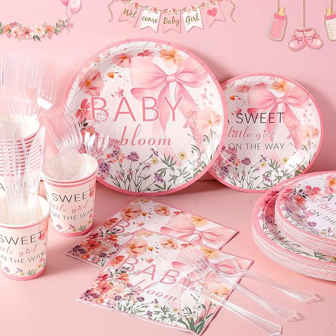 FillTouch 350 Pcs Baby in Bloom Baby Shower Party Plates Napkins a Sweet Is on The Way Paper Cups with Clear Knives Fork Spoon for Pink Bow Flower Disposable Birthday Tableware for 50 Guests