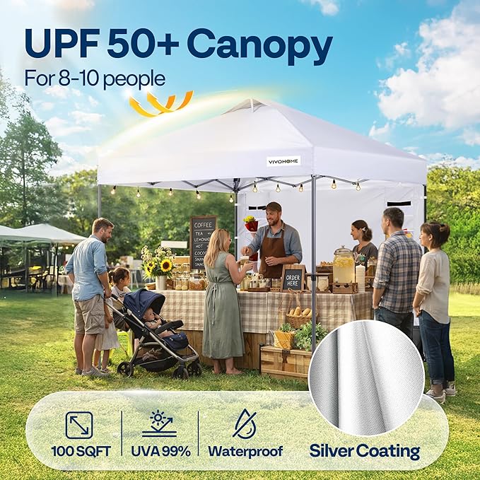 VIVOHOME 10x10ft Pop Up Canopy Tent with Sidewall and 6 Pockets, One Push Setup Outdoor Portable Shelter Tent Heavy Duty with Wheel Carry Bag and 4 Sandbags, White