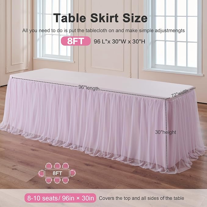 familus 8ft Pink Spandex Fitted Tablecloth with Tulle Table Skirt - 2-in-1 Structured Tutu Table Cover for Weddings, Trade Shows, Banquets & Sweetheart Tables