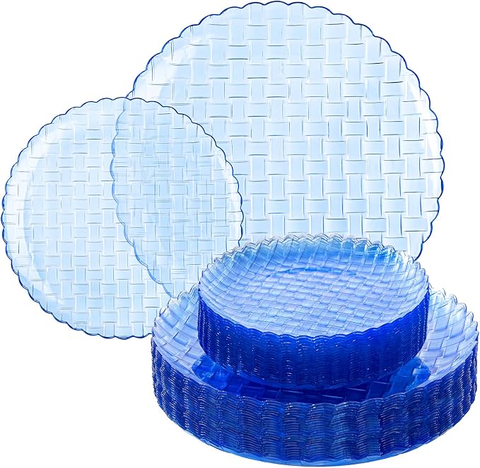 Festiva 60PCS Clear Blue Plastic Plates - Heavy Duty Weave Pattern Fancy Disposable Plates -serve for 30 guests Include 30PCS 10" & 30PCS 7" Plates for Birthday & Easter Party(Blue)