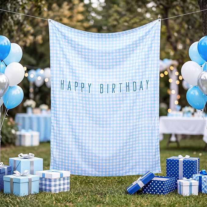 Flutesan 7x5ft Blue Gingham Happy Birthday Backdrop Large Banner Fabric Tapestry Birthday Party Decoration Baby Shower Linen Rustic Background Wall Photo Props Indoor Outdoor