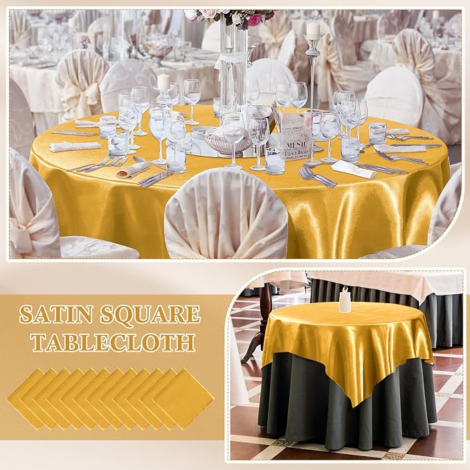 Newwiee 12 Pcs 72 Inch Satin Tablecloth Square Overlay Smooth Fabric Tablecloth Satin Table Cover Fabric Decoration Dining Cloths for Party Wedding Banquet Table Decoration(Gold)