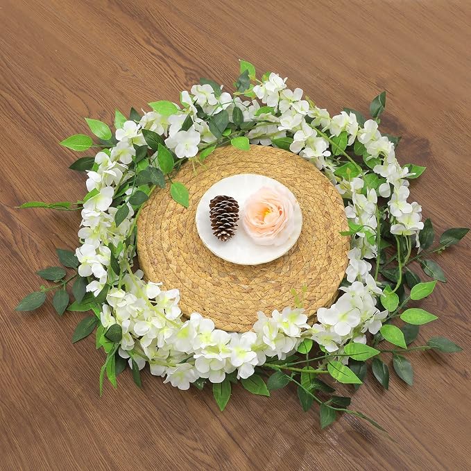 Findosom Wisteria Artificial Flowers Garland, 2Pcs Total 14.4FT White Wisteria Hanging Flowers, Flower Garland Decorations for Home Garden Outdoor Ceremony Wedding Arch Decoration