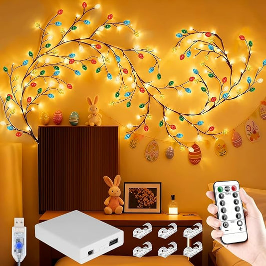FNHMSL Easter Egg Enchanted Willow Vine Lights, 7.55FT 144LED 4 Color Easter Egg Tree Branch Lights for Wall, Remote Timer,8 Light Model,Bedroom Wall Doors Wedding, Christmas, USB Battery Box