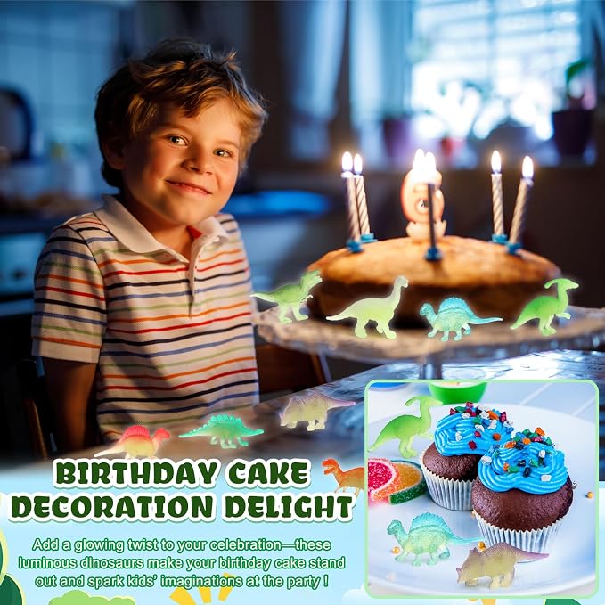 SAYAYA 100 Pieces Glow in The Dark Dinosaur Figures Bulk Small Luminous Plastic Dinosaur Cupcake Toppers Birthday Party Favors Supplies Goody Bag Filler Classroom Prizes