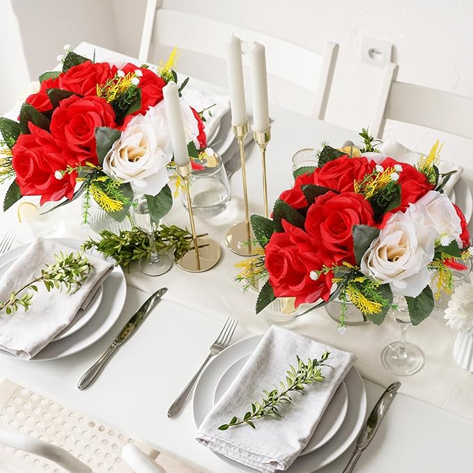 Hotop 12 Pcs Artificial Rose Flower Balls for Centerpieces, Silk Roses Kissing Balls Romantic Faux Floral Arrangements for Engagement Wedding Home Decor (Red,White)