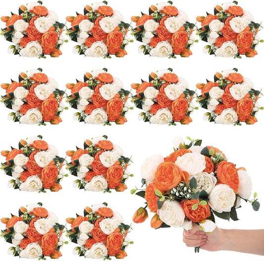 Hoteam 24 Bundles Artificial Peonies Flowers Wedding Faux Flowers Silk Peony Bouquet Bulk Bride Fake Florals Arrangements for Table Centerpieces Wedding Party Vase Decor (Orange, White)