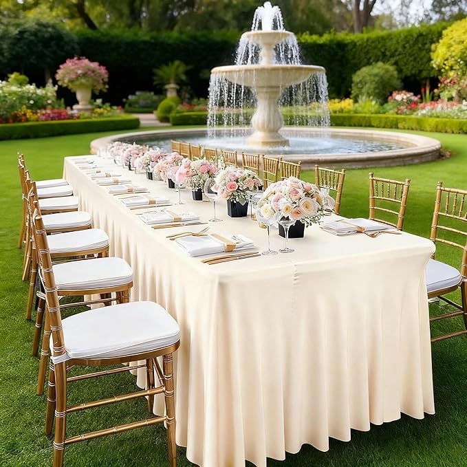 Wish Care 8 Pack Ivory Spandex Table Clothes for 6 Foot Rectangle Tables, 6FT Wrinkle Free Fitted Tablecloths Ruffles Design Table Cloth for Party, Banquet, Wedding and Events
