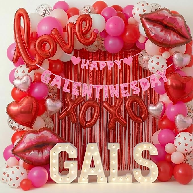 Valentines Day balloon garland arch kit with Banner red Hot pink and love lip heart XOXO balloons for Valentines galentines Day Proposal decorations Hotel Room Surprise