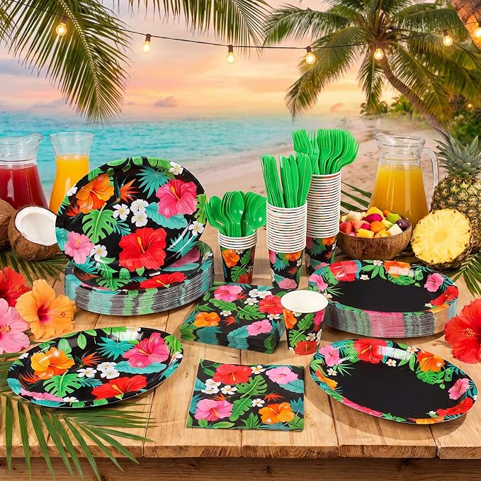 Pajean 350 Pcs Hawaiian Luau Party Supplies 12 in Disposable Tropical Aloha Oval Plates and Napkins Set Hibiscus Floral Heavy Duty Paper Tableware Set for 50 Guests Summer Pool Beach Party Decorations