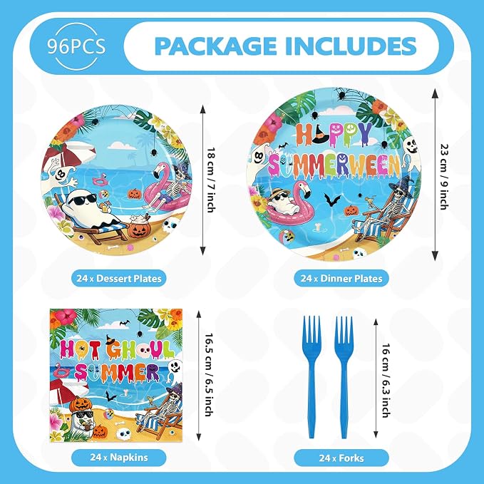 96Pcs Summer Halloween Party Decorations Halloween in Summer Plates and Napkins Tableware Set Spooky Tropical Beach Pool Decorations for Hallows' Eve Hawaii Birthday Supplies Serves 24