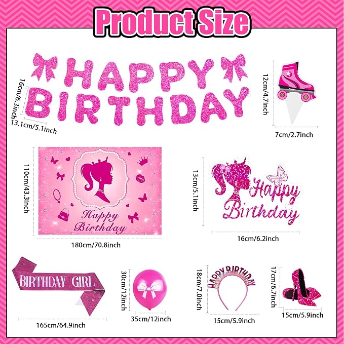 Hot Pink Birthday Party Decorations Supplies, Pink Glitter Happy Birthday Banner, Backdrop, Balloons, Hanging Swirls, Sash, Headband, Cake & Cupcake Toppers for Kids Girls and Women