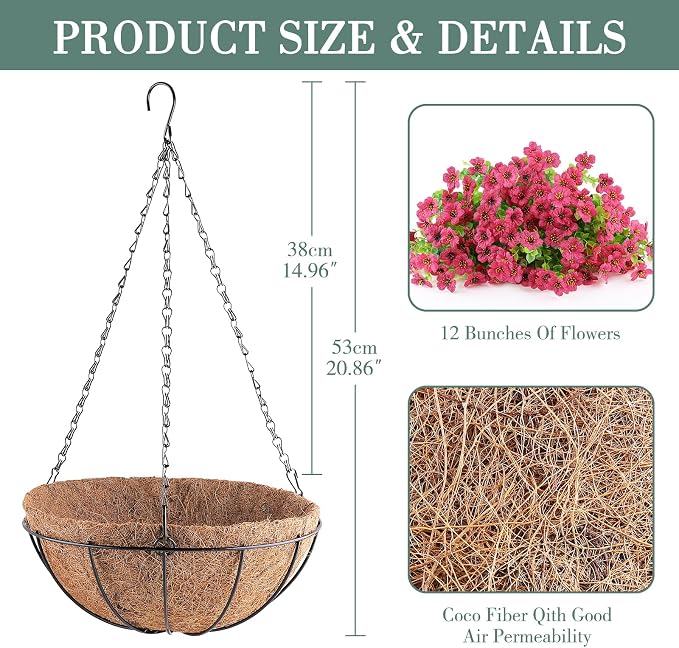 AGIRL Artificial Hanging Flowers with Baskets for Outdoors,UV Resistant Fake Hanging Plants for Outdoor Porch Patio Garden, Realistic Silk Flowers for Spring Summer Home Decor(Rose Red)