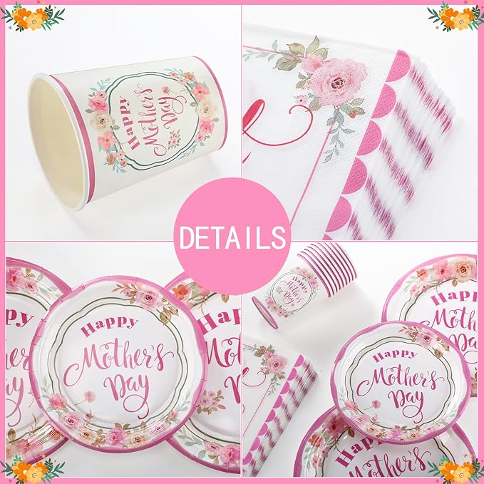 Jenaai 200 Pcs Mother's Day Tableware Set Serve for 50 Guests 9" Dinner Plates 7" Dessert Plates Paper Cups and Napkins Set for Happy Mother's Day Gifts Dinnerware Tableware Disposable Party Supplies