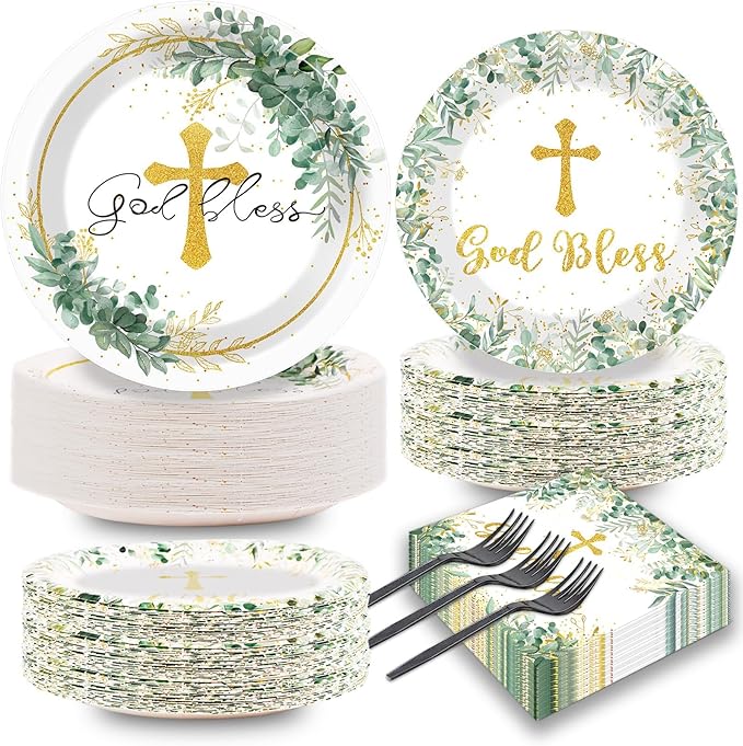 Naozinebi 200Pcs God Bless Baptism Plates Napkins First Holy Communion Party Tableware Set Christening Ceremony Dinnerware Confirmation Paper Plates for Mi Bautizo Baby Shower Decor Supplies Serve 50