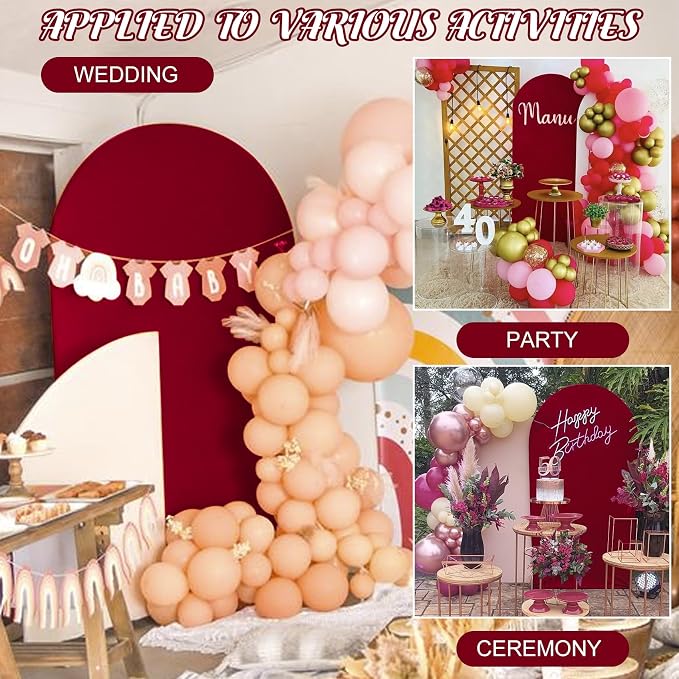 Metal Arch Stand and Cover Set,1 Burgundy Spandex Fitted Backdrop with 1 Gold Wedding Arched Stand Frame for Parties Birthday Baby Shower Bridal Banquet Decoration (7.2FT)