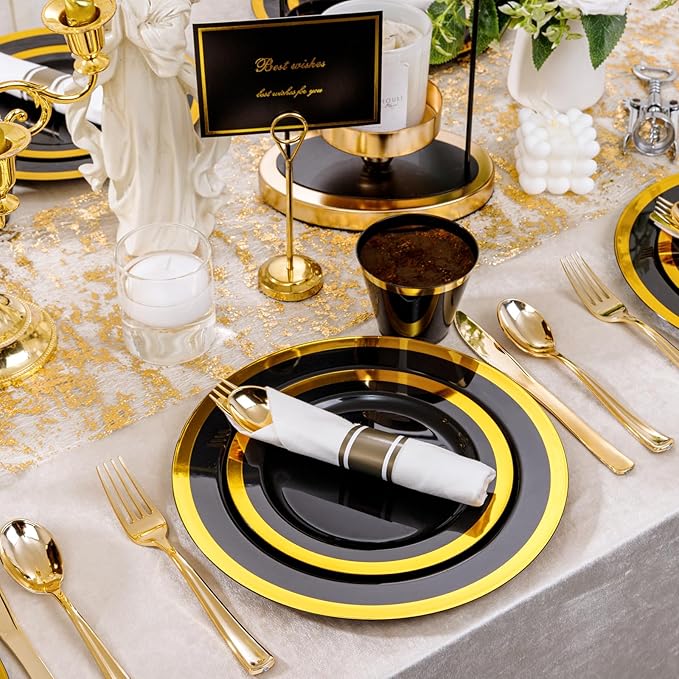 YOUBET 350PCS Black and Gold Plastic Plates - Gold Disposable Dinnerware Sets for 50 Guests - 100 Plastic Plates, 150 Gold Silverware, 50 Cups, 50 Pre Rolled Napkins for Party & Wedding Graduation