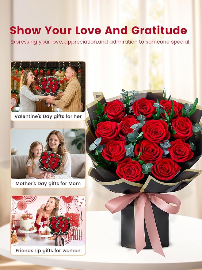 Mosstory 12 Red Preserved Roses Bouquet Flower Bouquet with Led Lights Gift for Women Wife Mother Day Birthday Wedding Anniversary (Black)