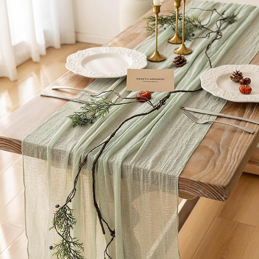 Keketoarrange Sage Green Spring Table Runner Cheesecloth 120 Inch 10 FT Rustic Boho Cheese Cloth Runner for Wedding Baby Shower Bridal Shower Sheer Gauze Centerpiece Spring Summer Home Decorations