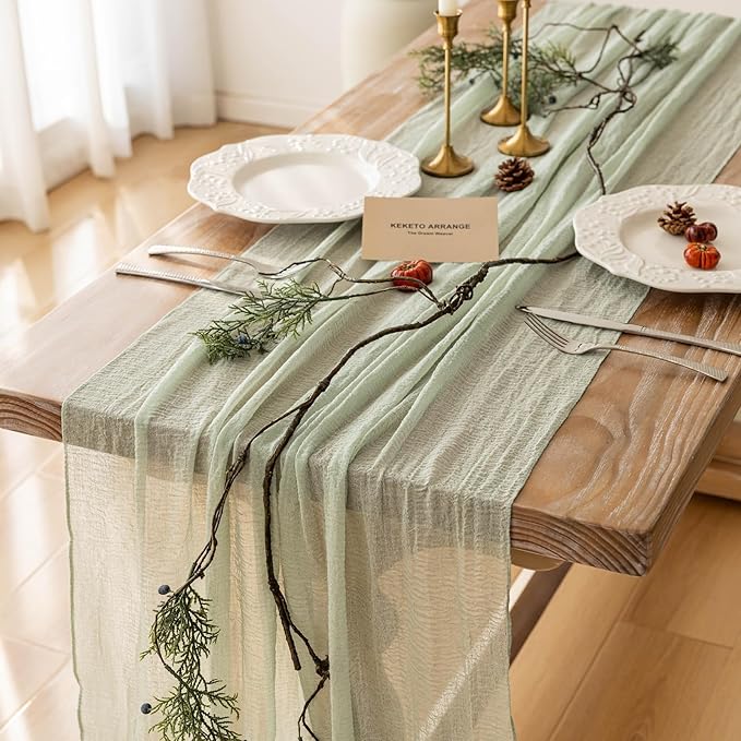 Keketoarrange 10pcs Sage Green Spring Easter Cheesecloth Table Runner 120 Inch 10 FT Rustic Boho Cheese Cloth Runner for Wedding Baby Shower Bridal Shower Sheer Gauze Centerpiece Home Decorations