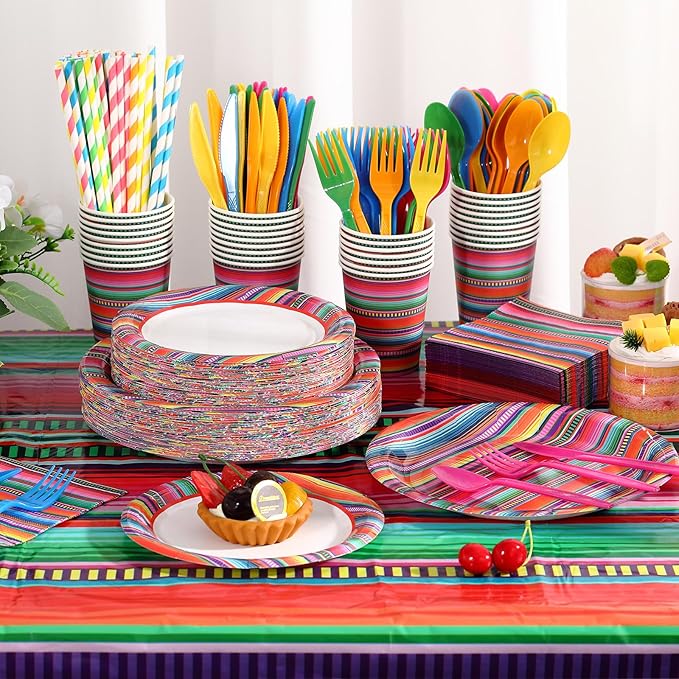 Funnymoom 452 Pcs Cinco De Mayo Party Decoration for 50 Guest, Mexican Serape Paper Plates Napkins Cups Tablecloth Cutlery Straws Fiesta Disposable Tableware Set for Mexico Birthday Party Supplies