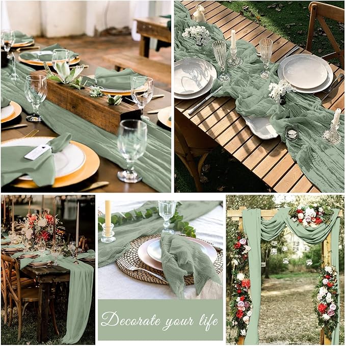 10 Pack Cheesecloth Table Runner 17 x 108 inch Long Boho Gauze Table Runners Semi Sheer Table Runner for Wedding Decor, Baby Shower, Birthday Party, Banquet (Sage Green)