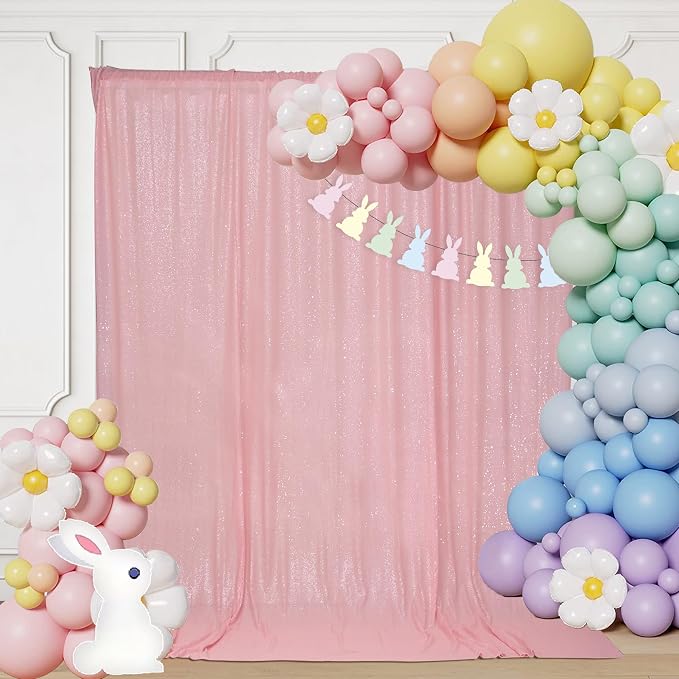 PartyDelight Pink Sequin Backdrop 6x7ft 4 Inch Rod Pocket | Dense 3mm sequins on mesh backing with 4 inch rod pocket for full body photos ceremony arches party walls and stage displays