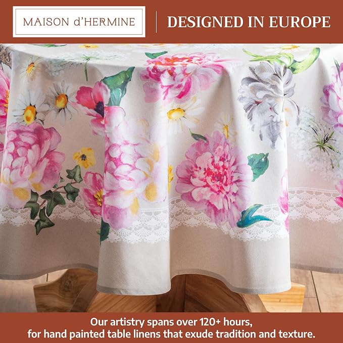 Maison d' Hermine Table Cloth Round Table 100% Cotton 63 Round Inches Tablecloth Reusable Decorative for Dining Kitchen Room Farmhouse Party Home Hotel Restaurant Spring Summer - Pivoine